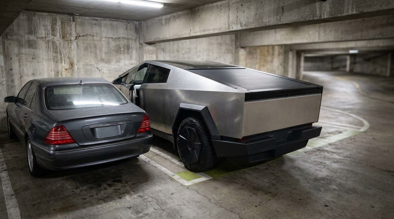 Tesla Cybertruck nosed into a narrow compact parking stall in a concrete Beverly Hills parking structure, a grey saloon parked close beside it