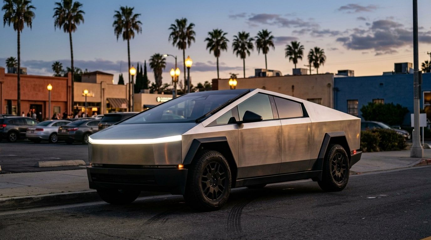 Tesla Cybertruck on a Los Angeles street at dusk with palms and low buildings behind, its stainless panels reflecting the sky