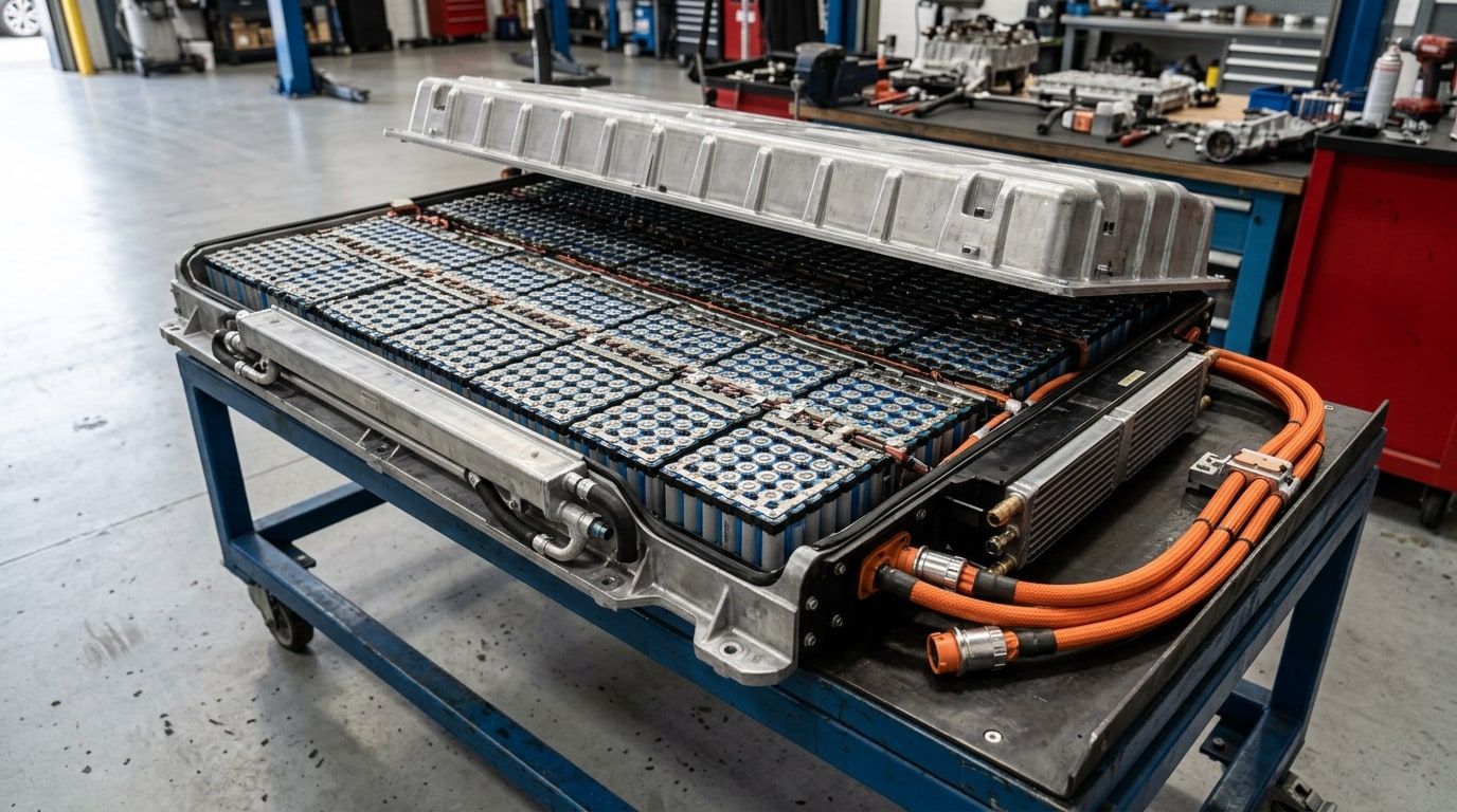 Electric vehicle battery pack on a workshop trolley showing rows of small cylindrical cells
