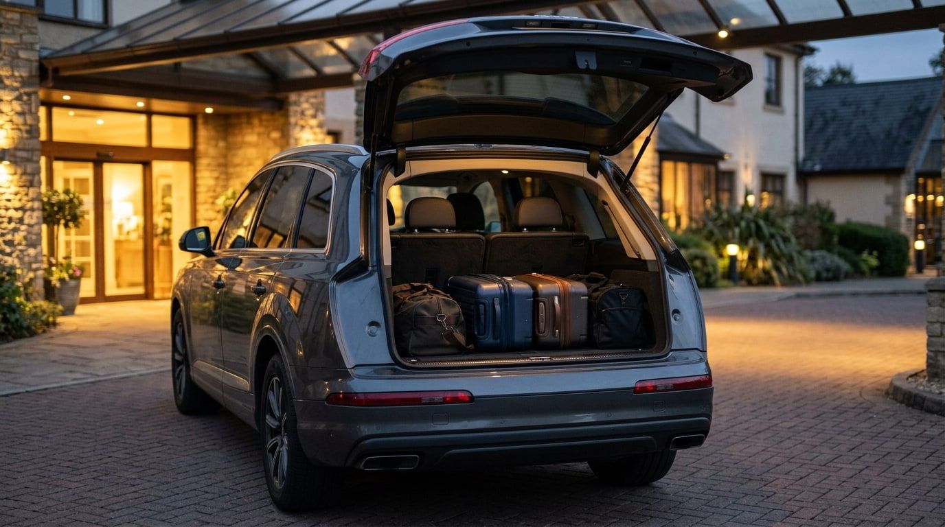 Open boot of a three-row SUV loaded with suitcases behind an upright third row