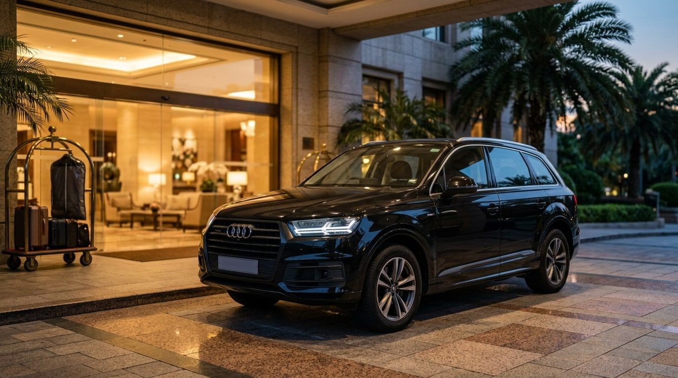 Black three-row SUV on a hotel forecourt at dusk with warm lobby light behind