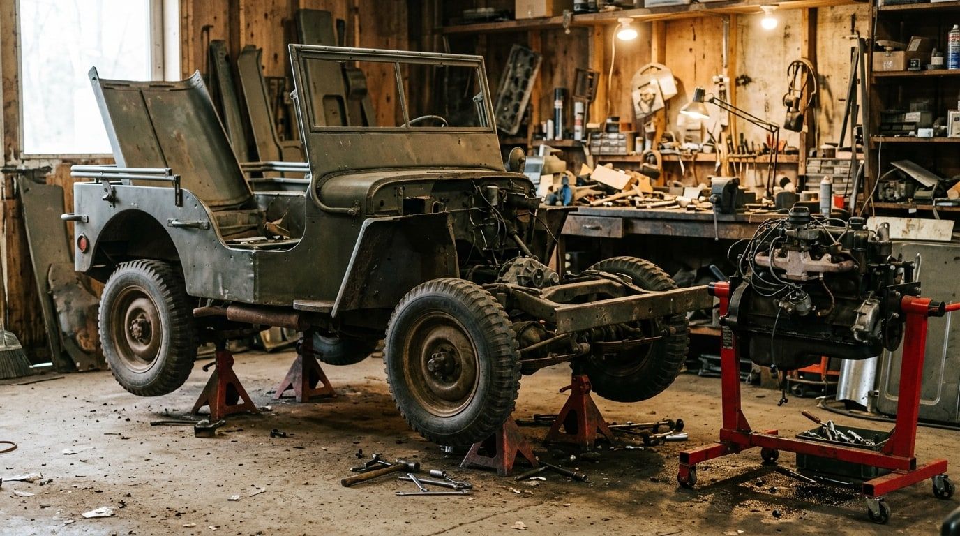 Partly restored vintage military jeep on axle stands in a cluttered workshop