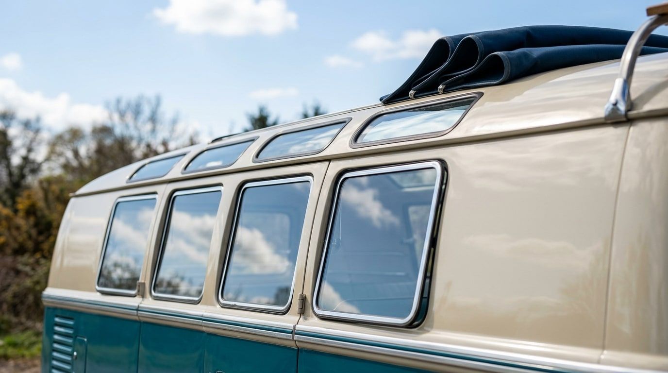 Row of small square roof windows and open fabric sunroof on a vintage microbus