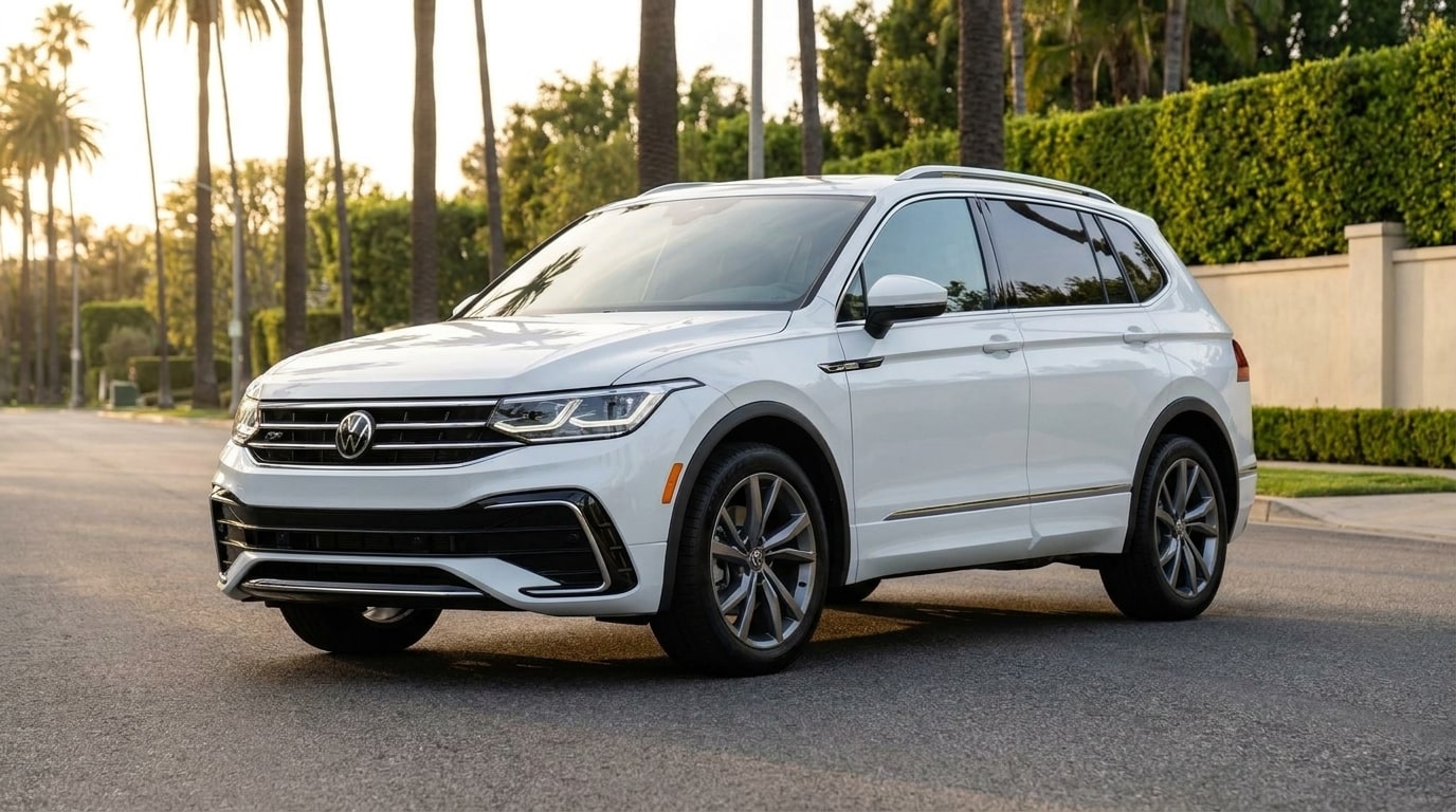 White Volkswagen Tiguan from a low front three-quarter on a palm-lined Beverly Hills street