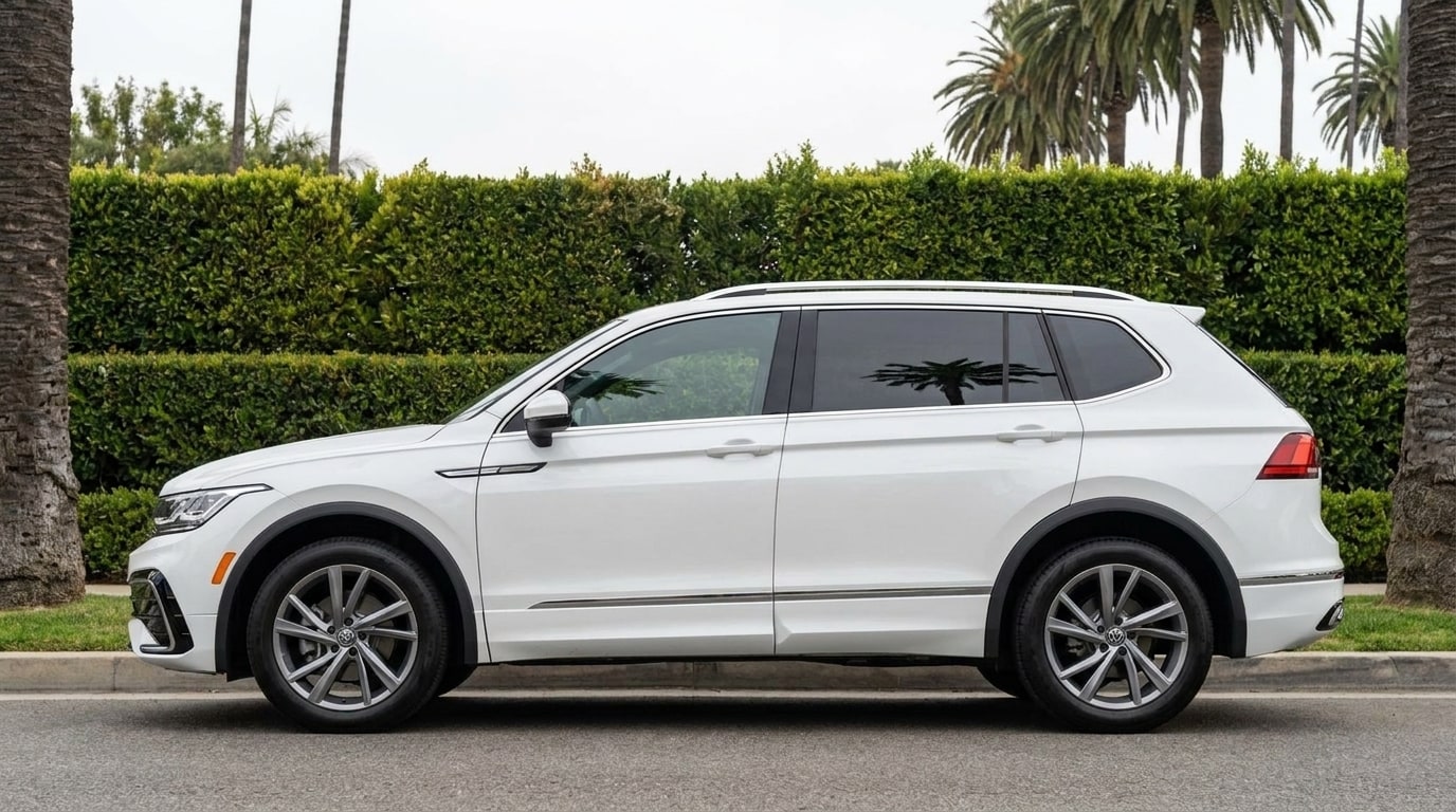 White Volkswagen Tiguan in profile at the kerb