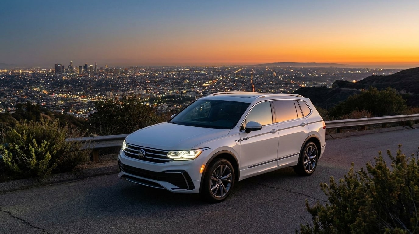 White Volkswagen Tiguan on a canyon road above Los Angeles at dusk
