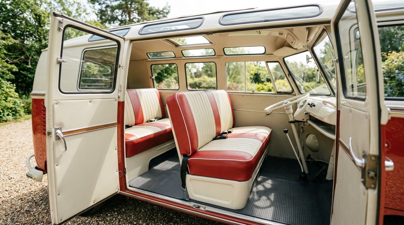 Interior of a restored vintage microbus with cream and red bench seats and a painted dashboard