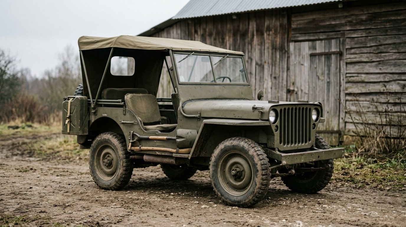 Olive drab 1944 Willys MB military jeep beside a wooden barn