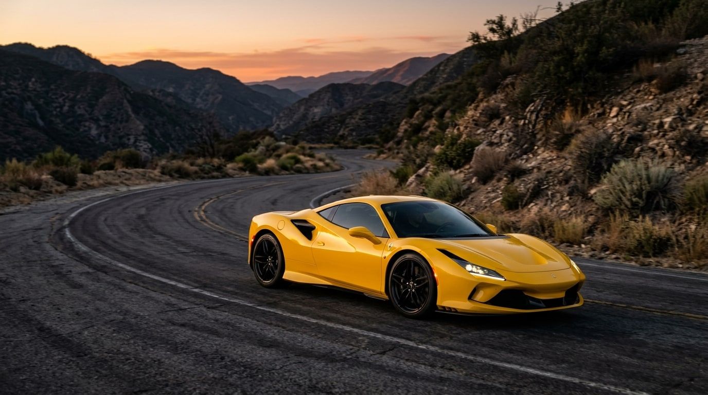 Yellow mid-engined supercar on a winding canyon road at dusk